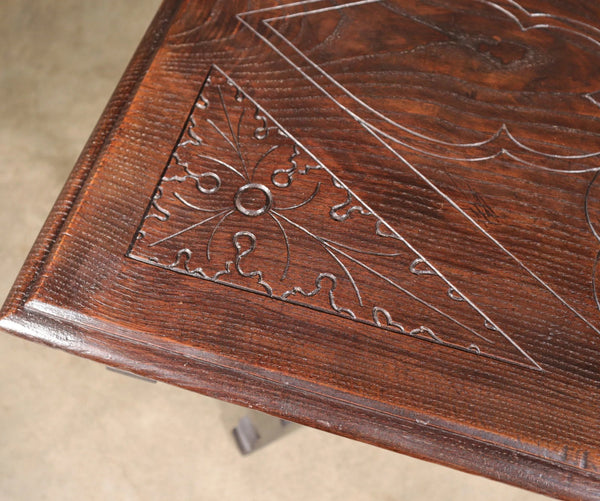 Antique French Gothic Revival Table in Solid Chestnut Wood With Carvings