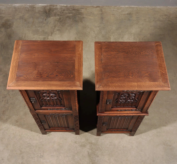 50" Tall Pair of Vintage French Solid Oak Wood Highly Carved Gothic Cabinets