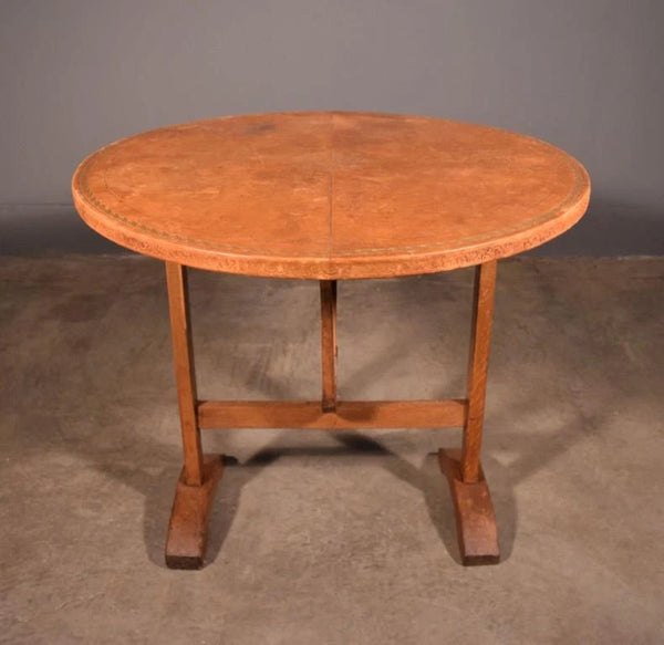 Antique French Solid Oak and Ash Wood Wine Tasting Table with Tilt Leather Top
