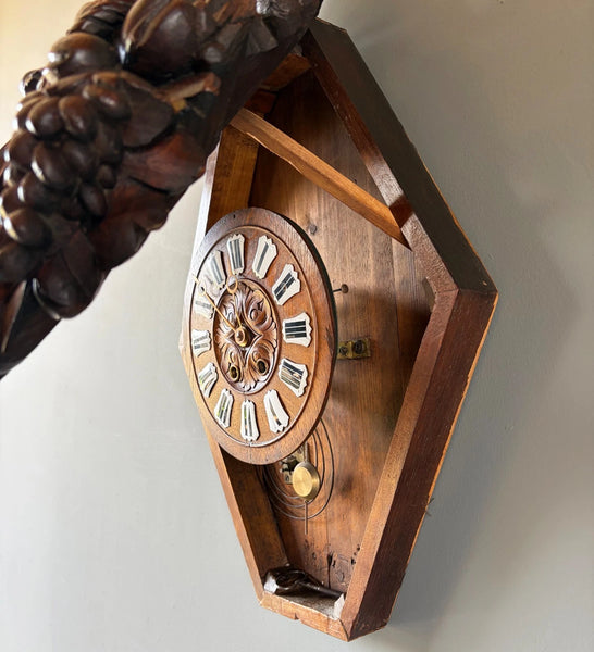 XL Antique French Renaissance Solid Oak Wood Highly Carved Clock Harvest Theme