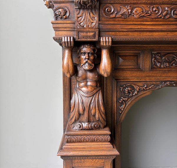 XL Vintage Renaissance Revival Oak Fireplace Surround/Mantel w/Carved Figures