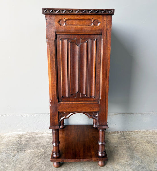 Antique French Gothic Solid Walnut Night Stand/Cabinet With Detailed Carvings