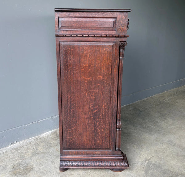 French Antique Solid Oak Wood Cabinet with Highly Carved Virgin Mary Door