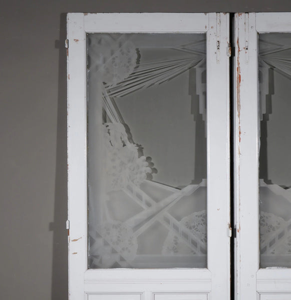 Pair of Antique French Art Deco Etched Glass Doors Frosted Glass w/Pine Frames