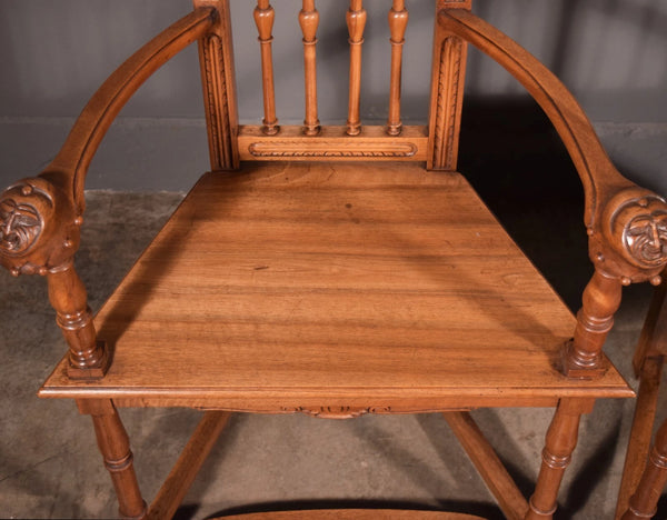 Pair of Antique Renaissance Revival Arm Chairs Solid Walnut Hand Carved Jesters