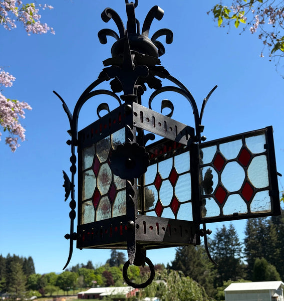 27" French Antique Gothic Iron & Stained Glass Hanging Chandelier/Pendant Lamp