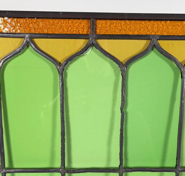 43" Tall Pair of Antique French Stained Glass Window Panels Green & Yellow Glass