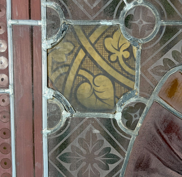 38" Wide Antique Stained/Leaded Glass Panel of Saint Highly Detailed