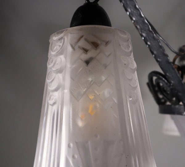 Antique French Art Deco Chandelier with Frosted Glass and Iron by Muller Freres