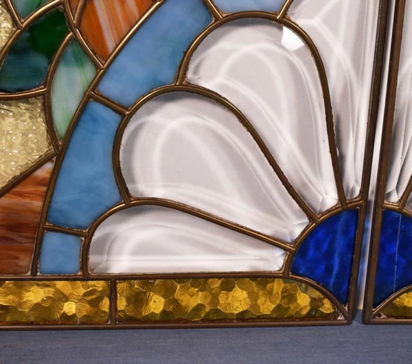Pair of Vintage French Art Deco Stained Glass Panels with Copper Frames