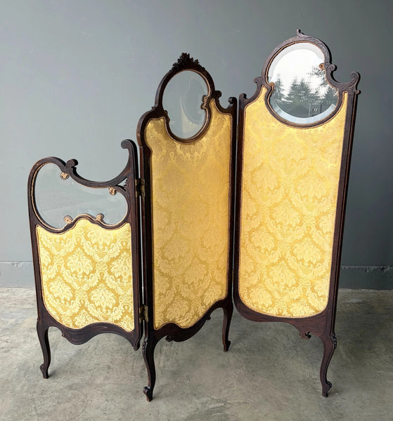 61" Tall Antique French Louis XV Rococo Tri-Fold Screen with Beveled Glass
