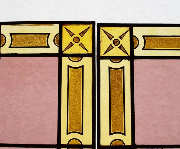 69" Pair of Vintage French Art Deco Stained Glass Windows w/Hand Painted Flowers