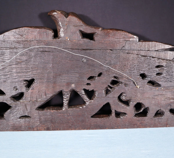 62" Wide XL Antique French Solid Oak Wood Highly Carved Crest with Bird