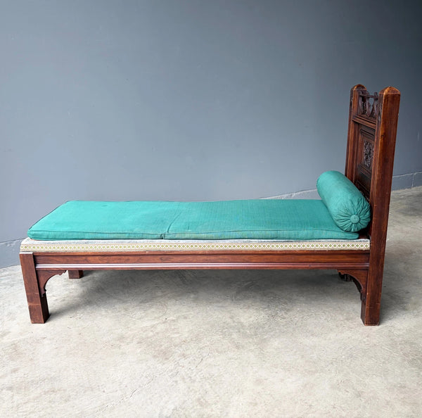 74" Long French Antique Neo Gothic Day Bed Solid Walnut with Green Silk Cushions