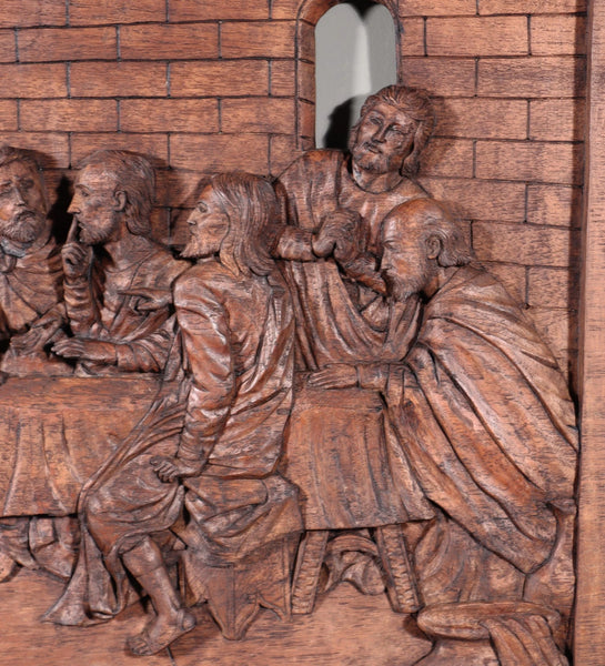 Large Vintage Highly Carved Panel of Jesus and 12 Disciples "The Last Supper"