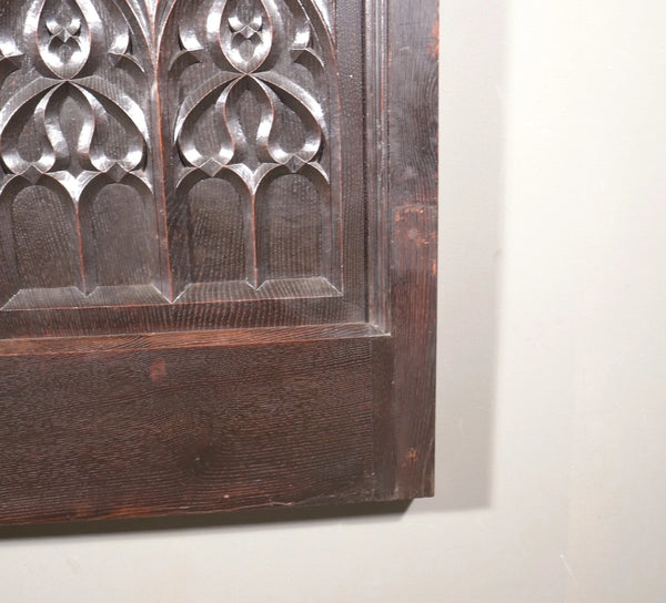 Antique French Neo Gothic Queen Sized Headboard in Solid Chestnut Wood