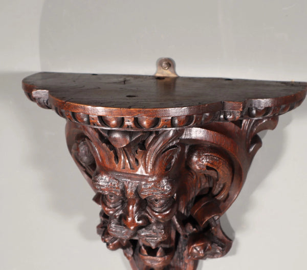 Pair of Large French Antique Lion Wall Sconces/Shelves in Solid Oak and Chestnut