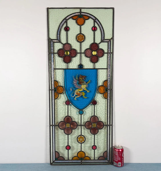 38" Tall Antique French Stained/Leaded Glass Panel w/Griffin and Uranium Glass