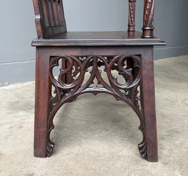 French Antique Gothic Revival Walnut Arm Chair Carved Wood Desk Chair
