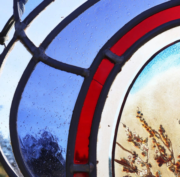 38" Tall Large Antique French Art Nouveau Stained/Leaded Glass Panel 4 Seasons