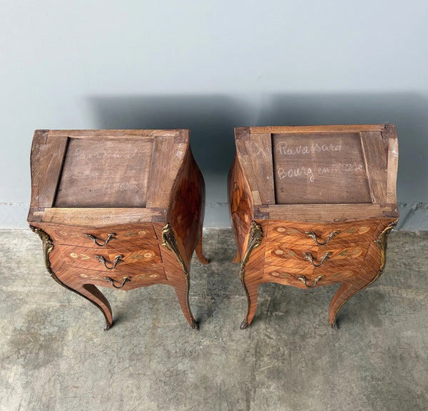 Pair of 30" Tall Antique French Louis XV Inlayed Nightstands with Marble Tops