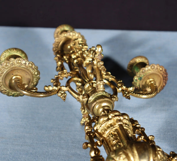 19" Tall Pair of Antique French Gilded Bronze Candelabra Candlesticks