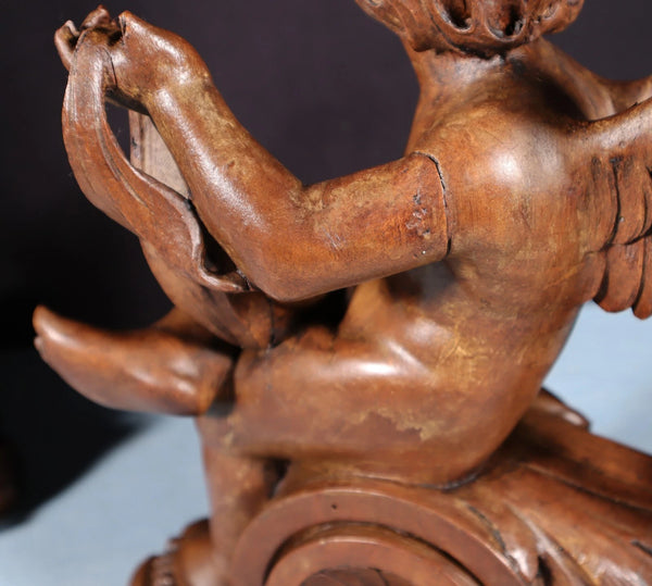 13" Tall Pair of French Antique Solid Walnut Wood Highly Carved Cherubs
