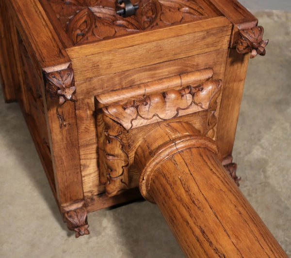 Vintage French Gothic Revival Stand, Cabinet, End Table Highly Carved Oak Wood