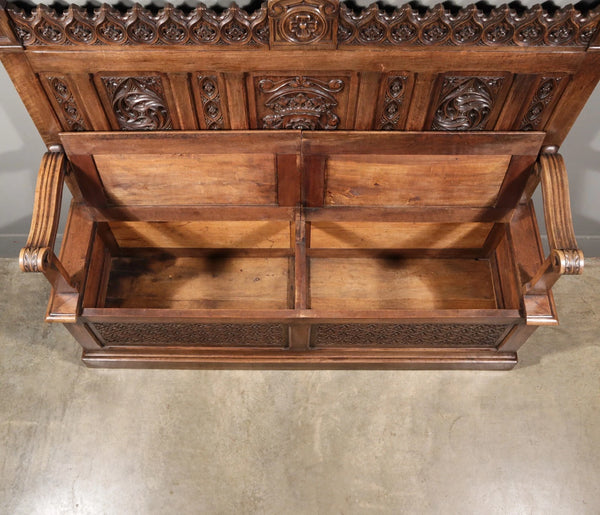 Antique French Gothic Revival Walnut Wood Bench/Settee/Chair Highly Carved