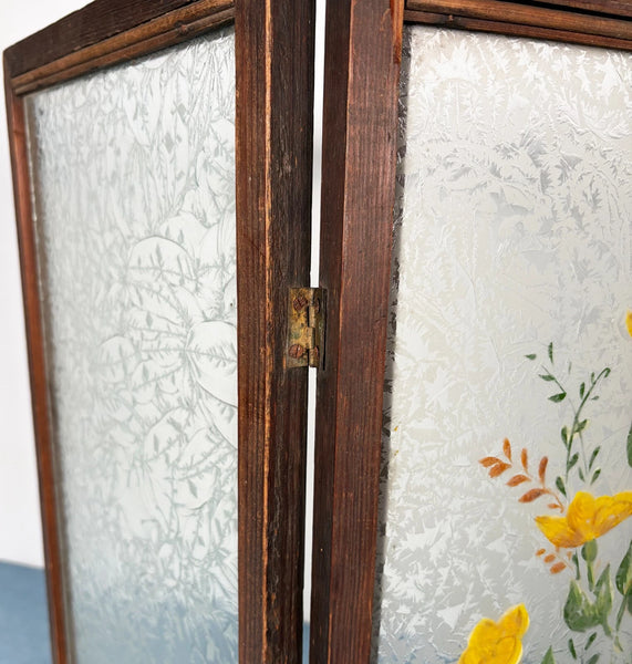 21" Tall Antique French Hand Painted Folding Glass Screen with Flowers