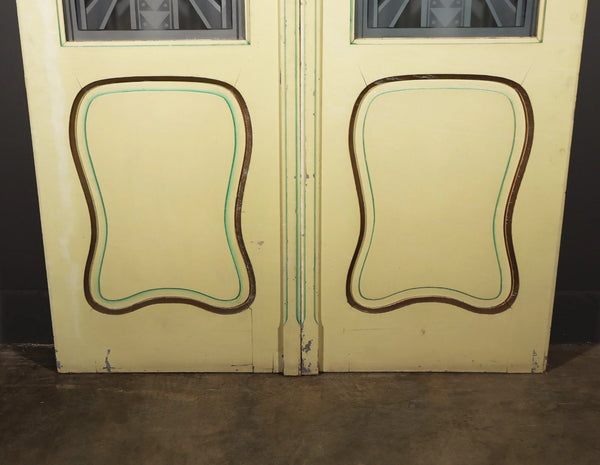 Pair of French Art Deco Etched Glass Doors Frosted Glass with Pine Frames