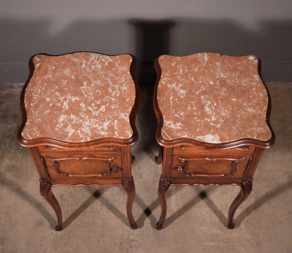 Pair of Antique French Louis XV Nightstands in Walnut with Marble Tops