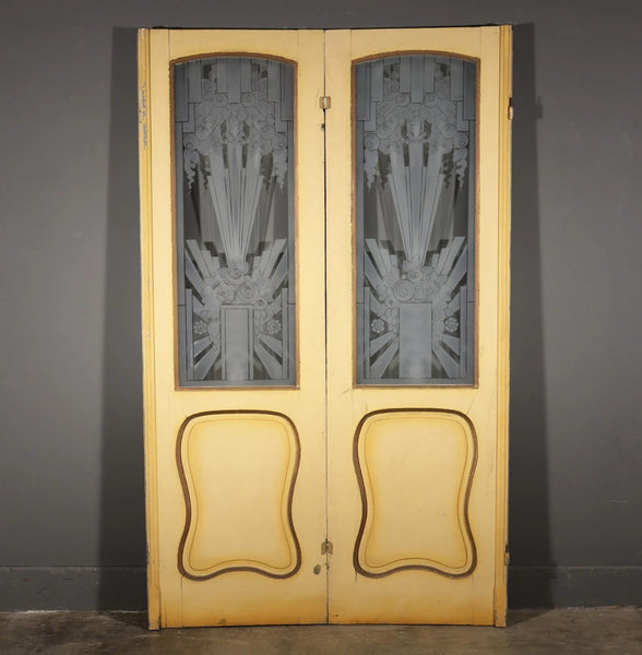 Pair of French Art Deco Etched Glass Doors Frosted Glass with Pine Frames