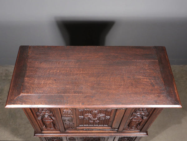 63" Tall Antique French Gothic Revival Cabinet Highly Carved in Solid Oak Wood