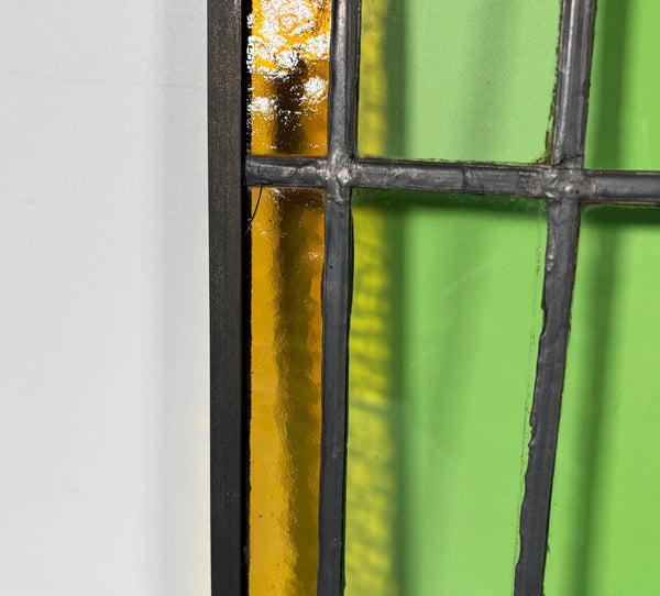 43" Tall Pair of Antique French Stained Glass Window Panels Green & Yellow Glass