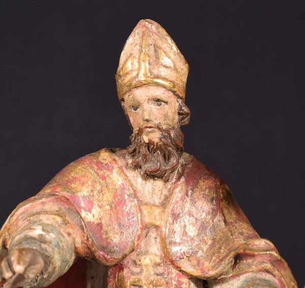 12" Antique Carved/Painted Pine Wood Statue/Sculpture St. Nicholas Late 1800's