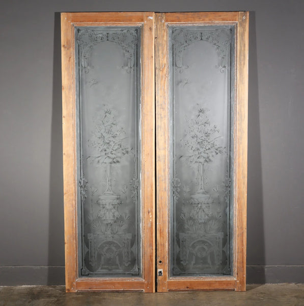88" Tall Pair of Antique French Etched Glass Windows Frosted Glass with Flowers