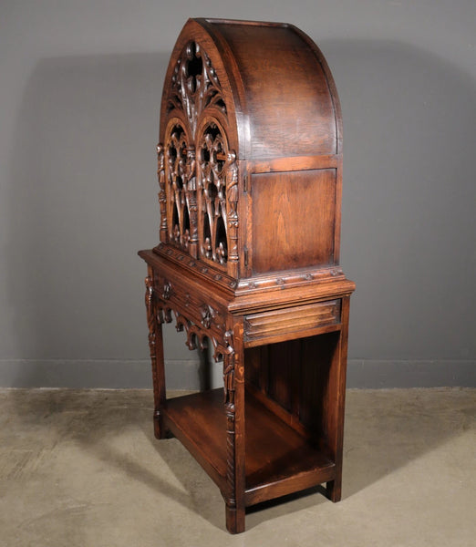 70" Tall Antique French Gothic Revival Oak Wood Cabinet/Liquor/Wine/Bar Cabinet