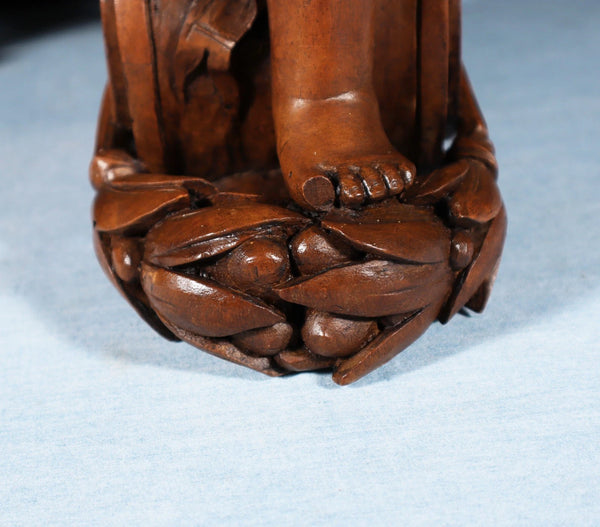 13" Tall Pair of French Antique Solid Walnut Wood Highly Carved Cherubs