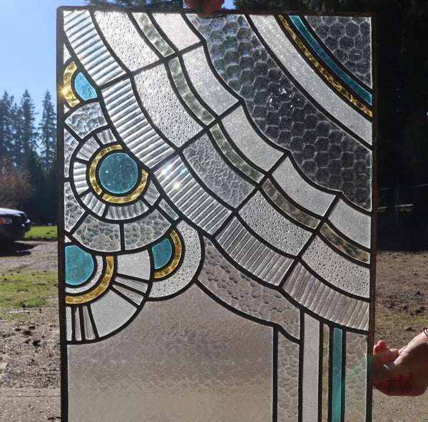 Set of 6 Vintage Art Deco French Stained Glass Panels with Textured Glass