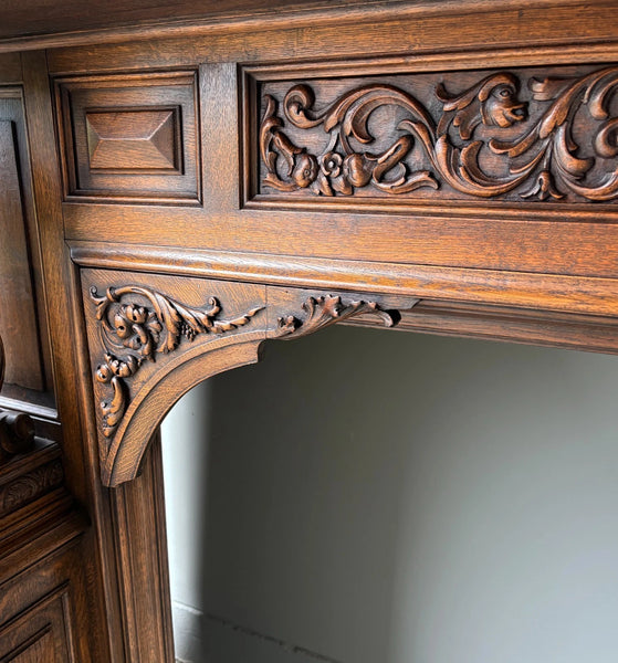 XL Vintage Renaissance Revival Oak Fireplace Surround/Mantel w/Carved Figures