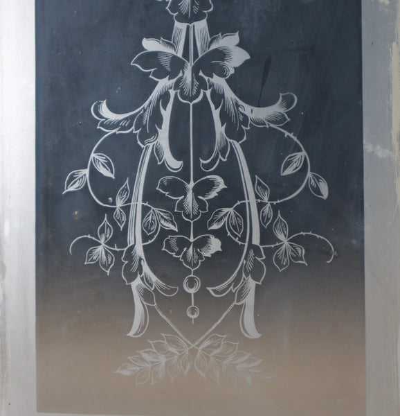 56" Tall Pair of Antique French Etched Glass Windows Frosted Glass with Flowers