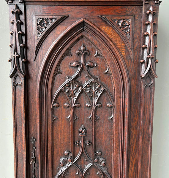 67" Tall French Antique Gothic Cabinet in Solid Oak Highly Carved Wood