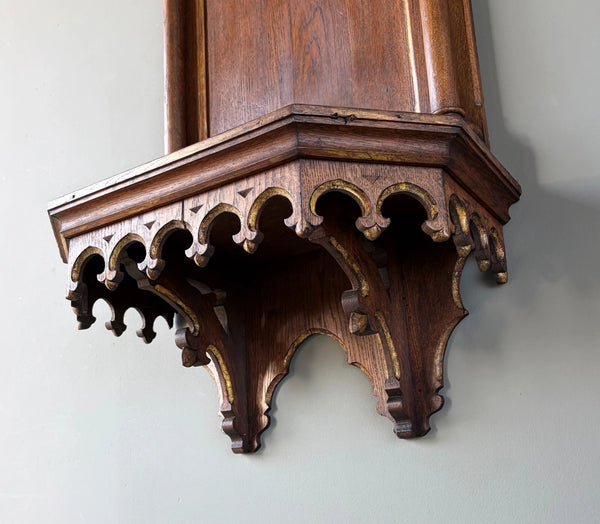57" Tall French Antique Neo Gothic Solid Oak Highly Carved Wall Niche/Shrine