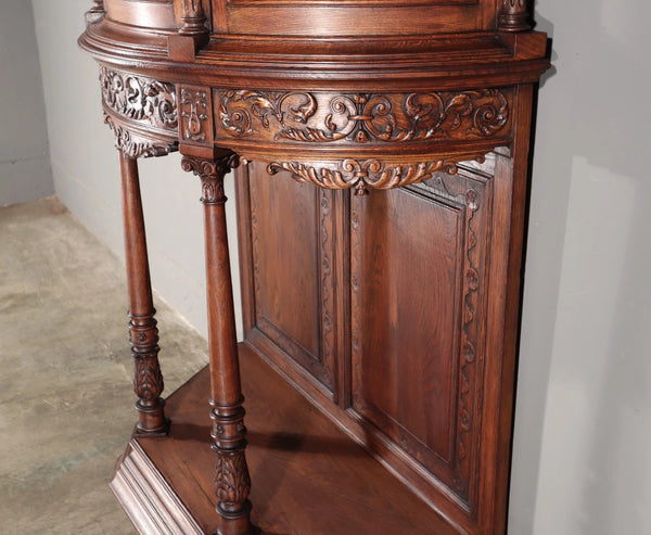65" Tall Antique French Solid Oak Wood Renaissance Curved Display Case/Cabinet