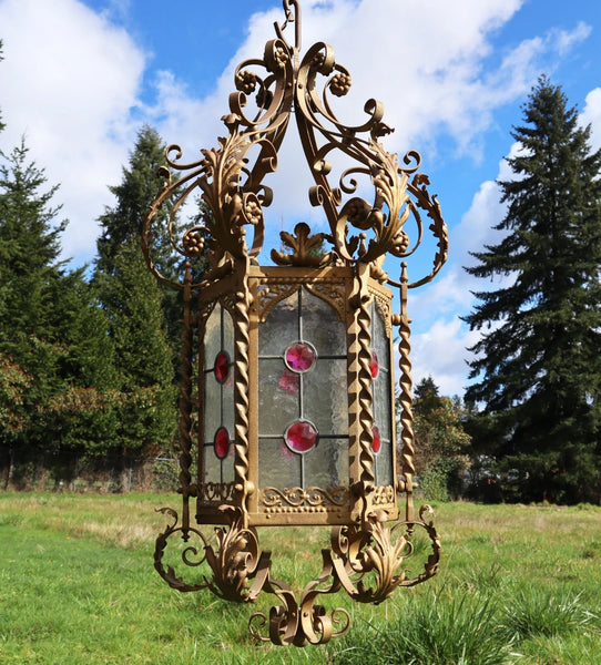 36" Tall XL French Antique Iron and Stained Glass Hanging Chandelier/Lamp