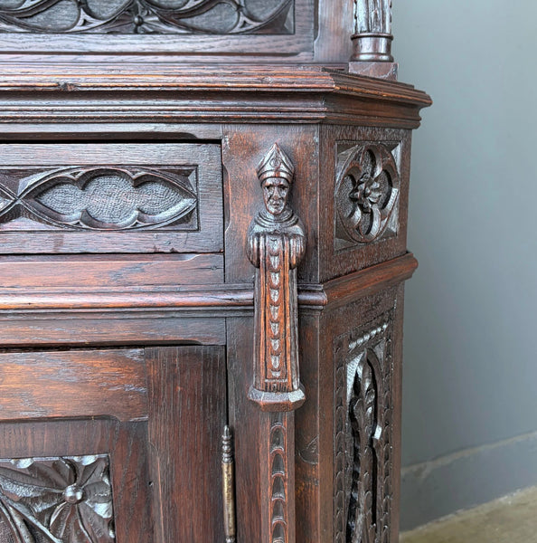 Antique French Gothic Revival Cabinet/Console/Sideboard,Highly Carved Oak