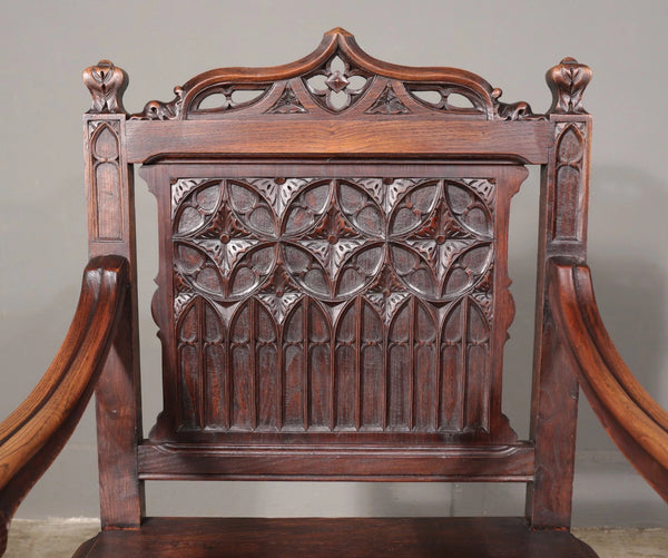 French Antique Gothic Revival Desk with Chair in Solid Carved Chestnut Wood