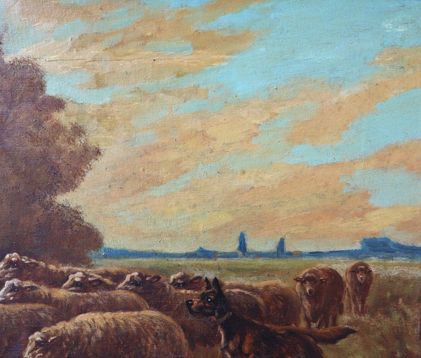Antique Oil on Canvas Painting of a Farmer & Sheep by Paul Schouten (1860-1922)