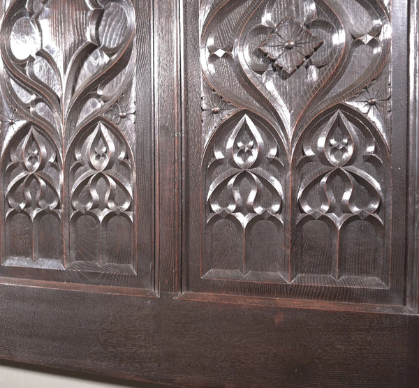 Antique French Neo Gothic Queen Sized Headboard in Solid Chestnut Wood